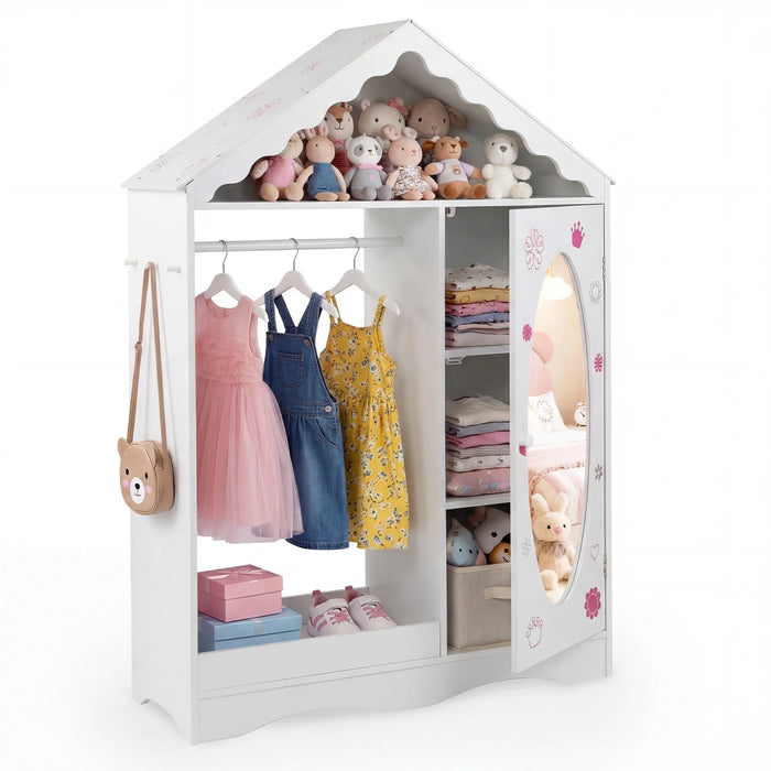 Kids Dress Up Storage with Mirror Roofed Wardrobe Closet with Open Hanging Rack-