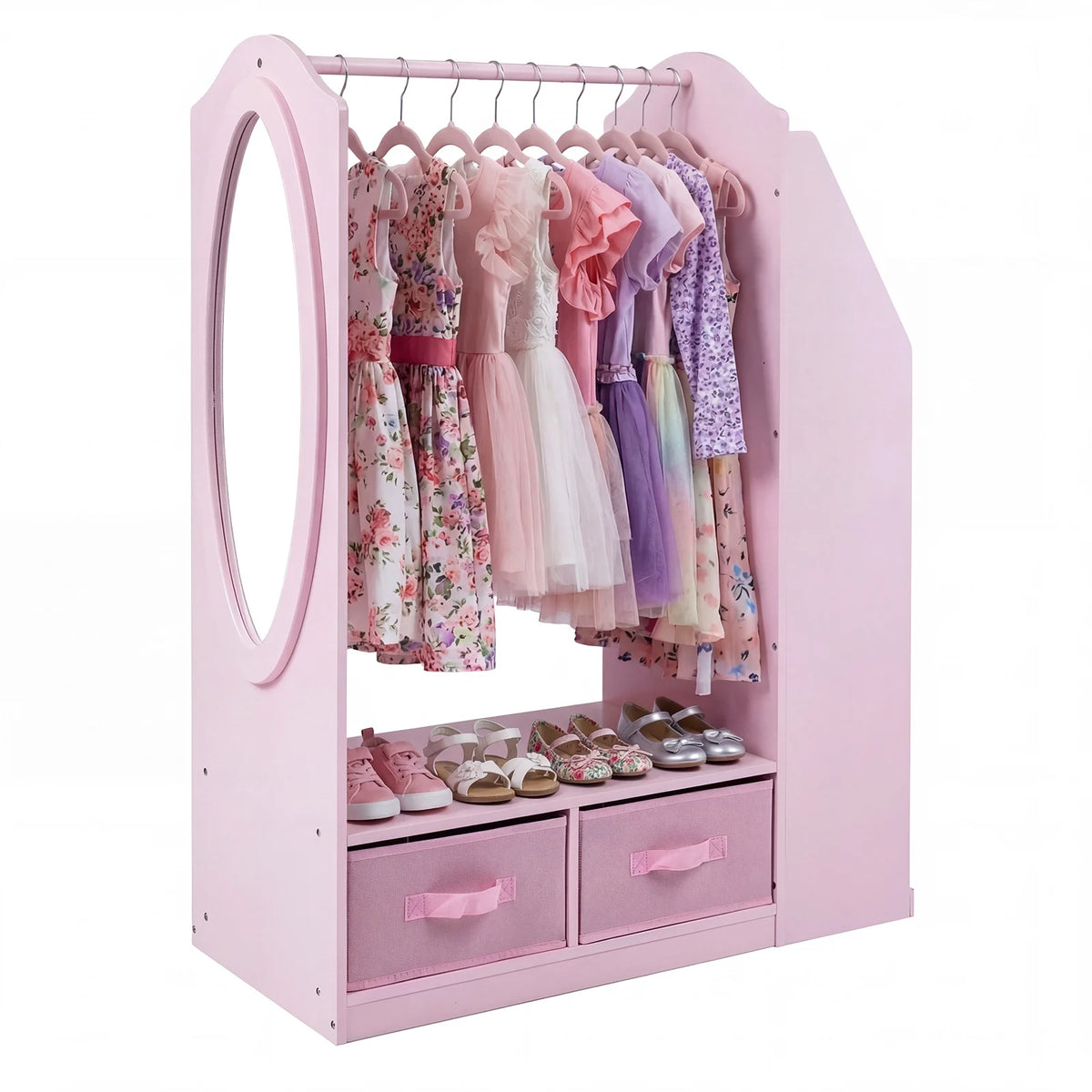 Kids Wardrobe with Full-Length Mirror Dress Up Storage Cabinet with Hanging Rack Bookshelf-