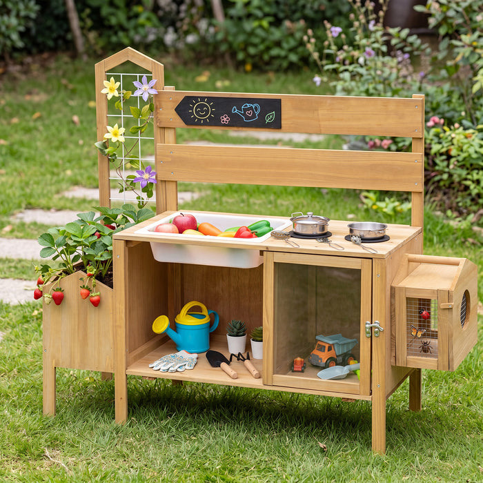 Mud Kitchen for Kids with Detachable Bird Cage and Planter Box for Toddlers Aged 3+-