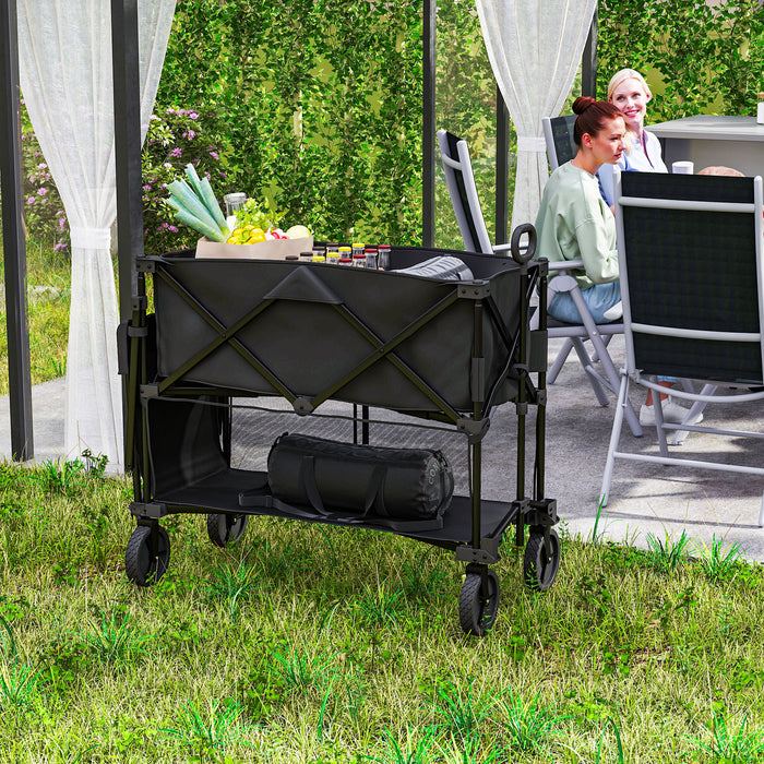 Outsunny Double Decker Folding Trolley on Wheels, 200KG & 350L Capacity Collapsible Wagon Festival Trolley Cart with 134cm Extended for Camping Sports Shopping Garden and Beach, Black
