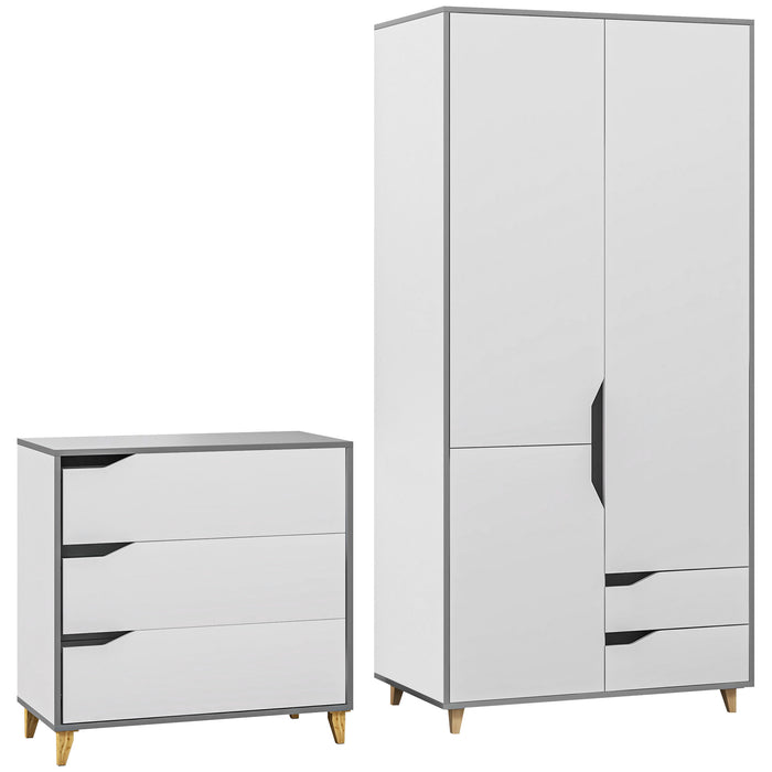 HOMCOM Bedroom Furniture Set, Wardrobe with Hanging Rail, 3 Drawer Chest of Drawers with Cut-out Handles, Grey and White | Aosom UK
