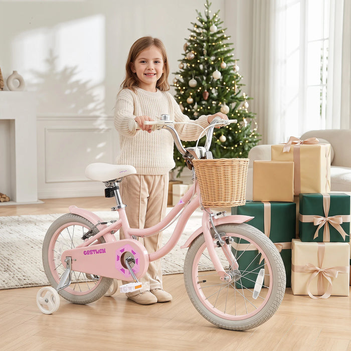 16 Inch Girls Bike with Woven Basket for 4-7 Years Cottage Series Sakura Pink