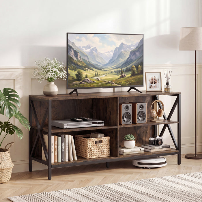 TV Stand for TVs up to 55" with 4 Open Shelves & Raised Metal Legs for Living Room-