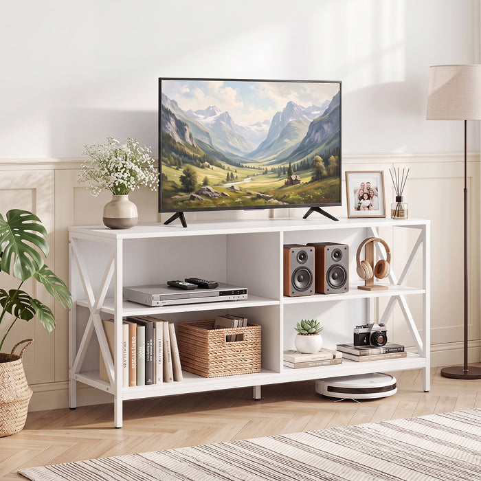 TV Stand for TVs up to 55" with 4 Open Shelves & Raised Metal Legs for Living Room-