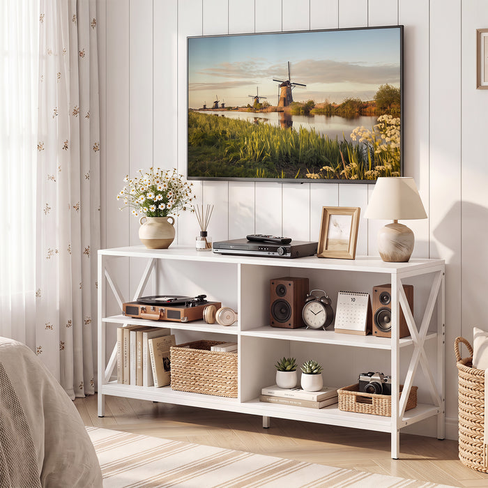 TV Stand for TVs up to 55" with 4 Open Shelves & Raised Metal Legs for Living Room-