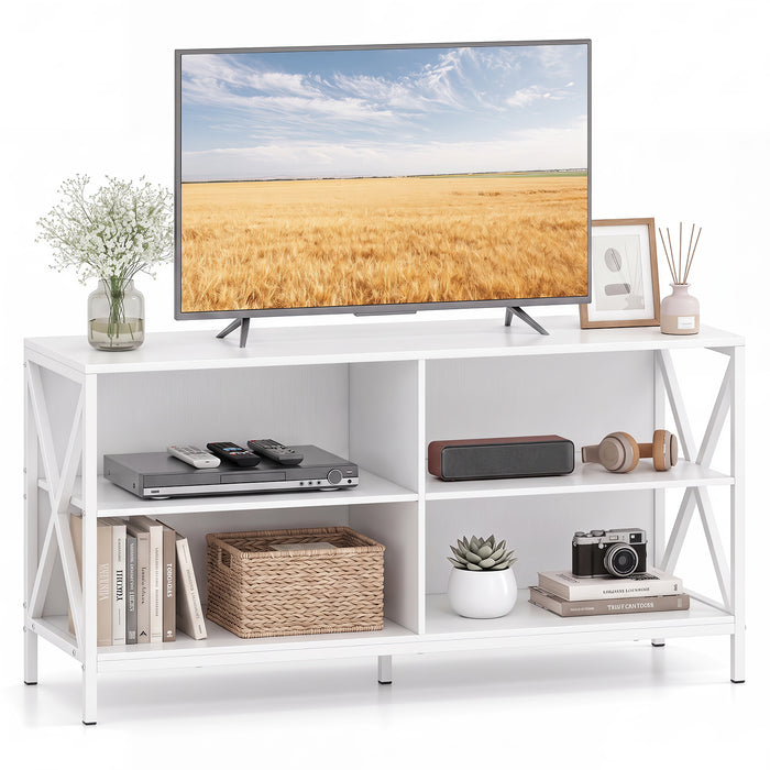 TV Stand for TVs up to 55" with 4 Open Shelves & Raised Metal Legs for Living Room-