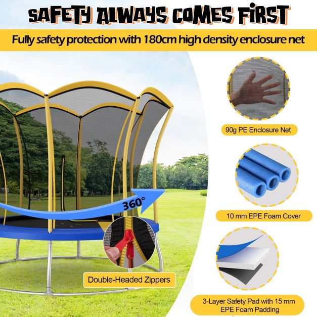 Flower Trampoline, 8 Feet - Outdoor Safe Bouncing, Yellow Netted Enclosure - Perfect for Children's Fun & Fitness Activities