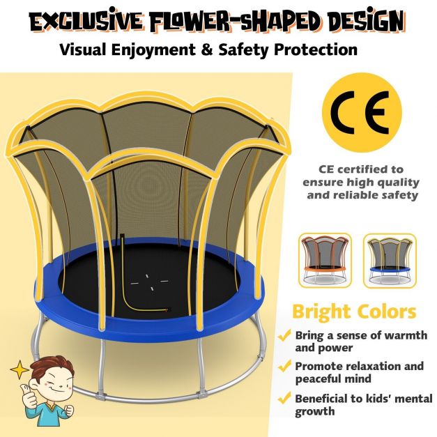 Flower Trampoline, 8 Feet - Outdoor Safe Bouncing, Yellow Netted Enclosure - Perfect for Children's Fun & Fitness Activities