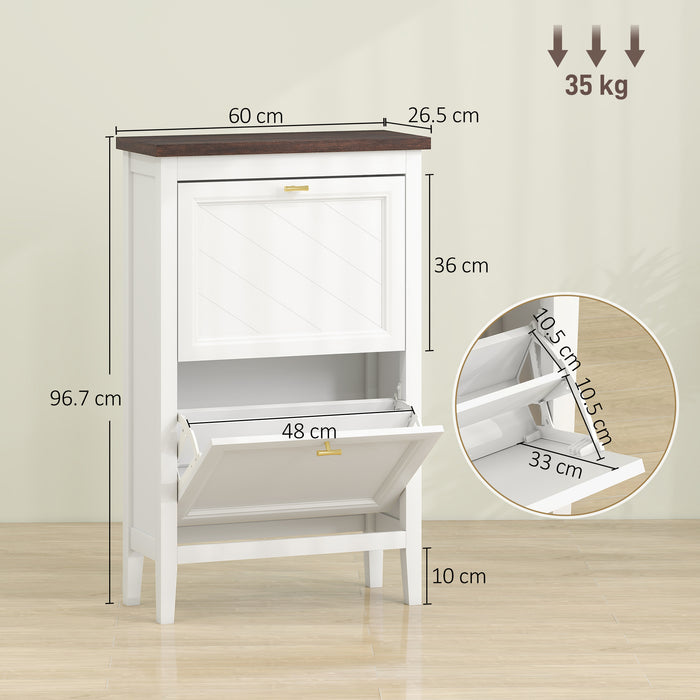 HOMCOM Shoe Cabinet with 2 Flip Drawers, Farmhouse Narrow Shoe Storage Cabinet with Adjustable Shelves, White