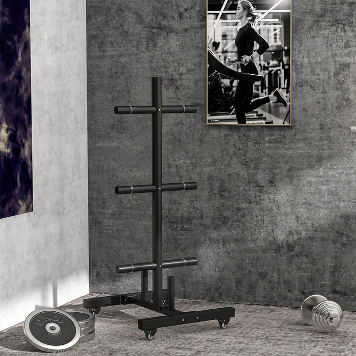 3 Tier Olympic Weight Plate Rack - Heavy-Duty Storage for 2-Inch Plates & Bars with Wheels and Clamps - Ideal for Home Gym Organization