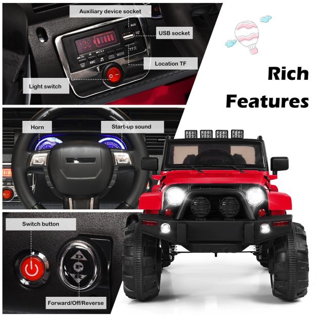 Bright Red Kids Electric Car - LED Lights, Music, Remote Control Functions - Perfect for Fun-Loving, Adventurous Children