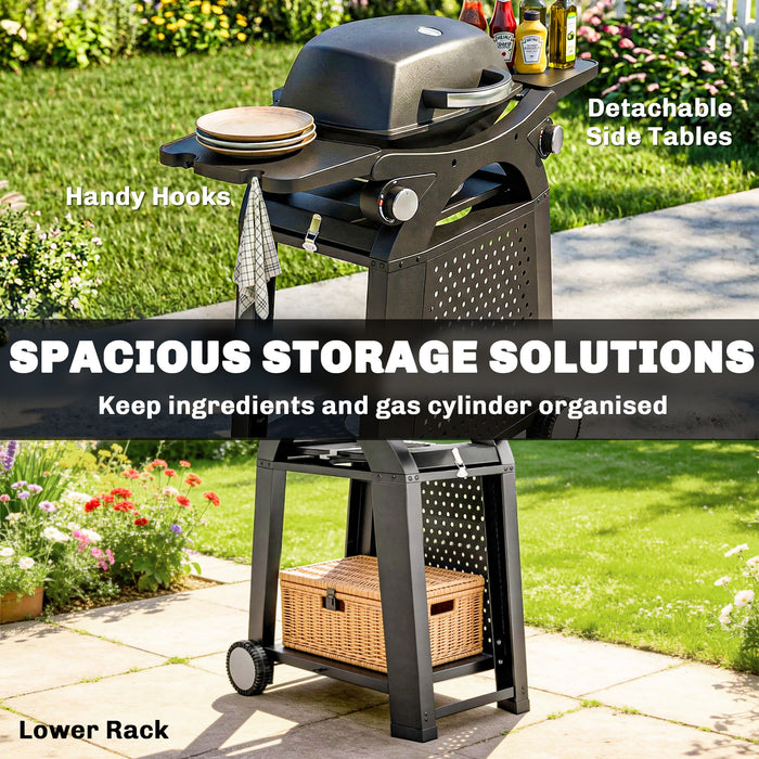 Outsunny 2 Burner Gas Grill with 2 Side Tables, 3.8 KW Barbecue Grill with Cast Iron Grates, 2-in-1 Tabletop BBQ with Wheels