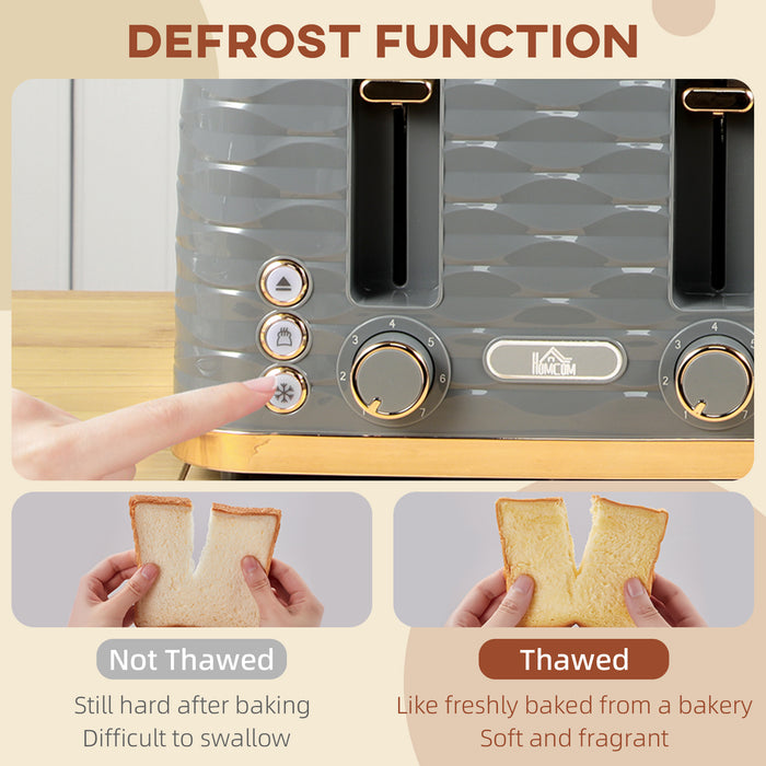 HOMCOM 4 Slice Toaster with 7 Browning Levels, High Lift, Reheat/Defrost/Cancel, Self-centring Function, Removable Crumb Tray, Auto Off, 1600W, Grey Water Ripple Texture