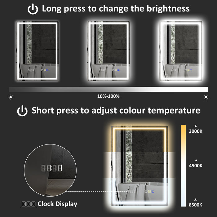 HOMCOM 50 x 70 cm Anti-Fog LED Bathroom Mirror, with Bluetooth and Clock - Silver Tone