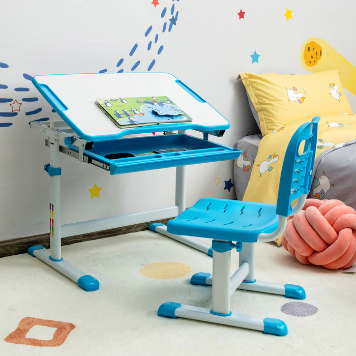 Height Adjustable Kids Study Table and Chair Set with Tilting Tabletop-