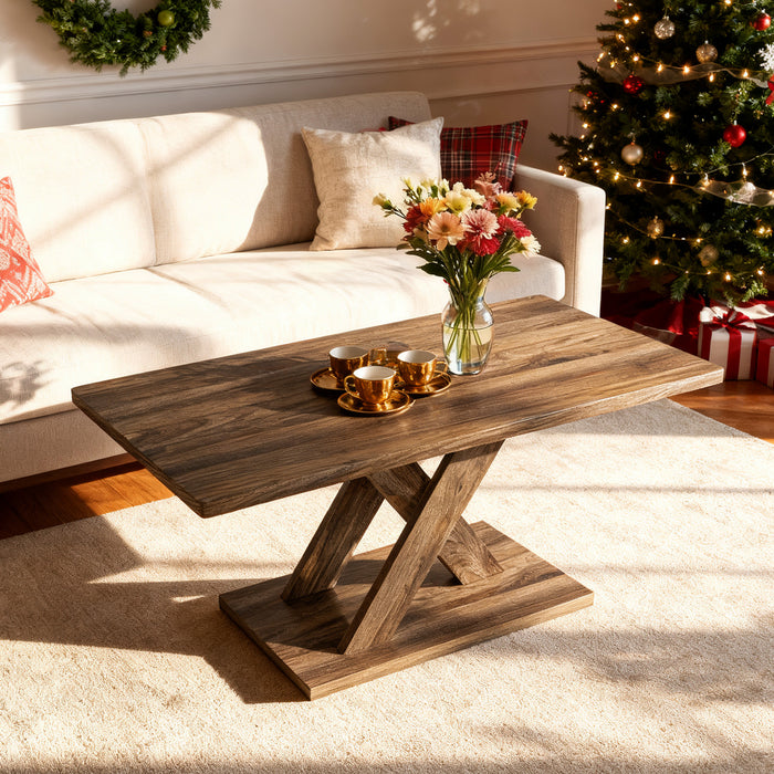 95CM Coffee Table with Stable Base and Rubber Wood Connection-