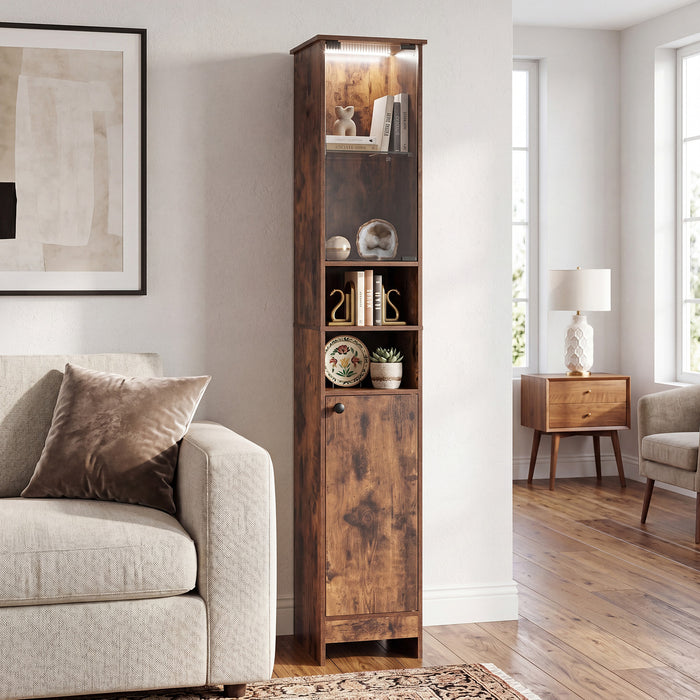 Tall Bathroom Cabinet with Lights Remote Control Open Shelves and Adjustable Shelves-White