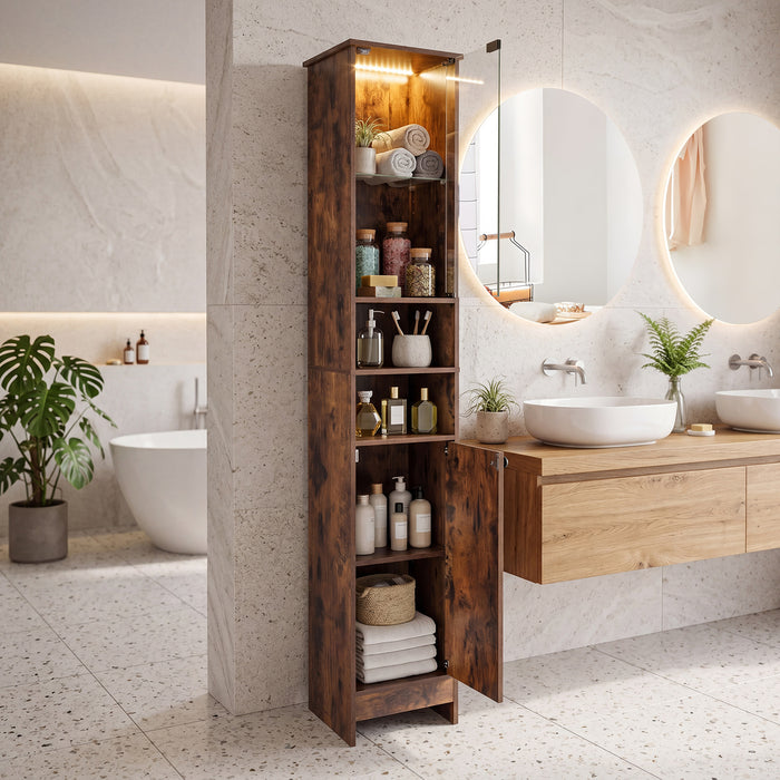 Tall Bathroom Cabinet with Lights Remote Control Open Shelves and Adjustable Shelves-White