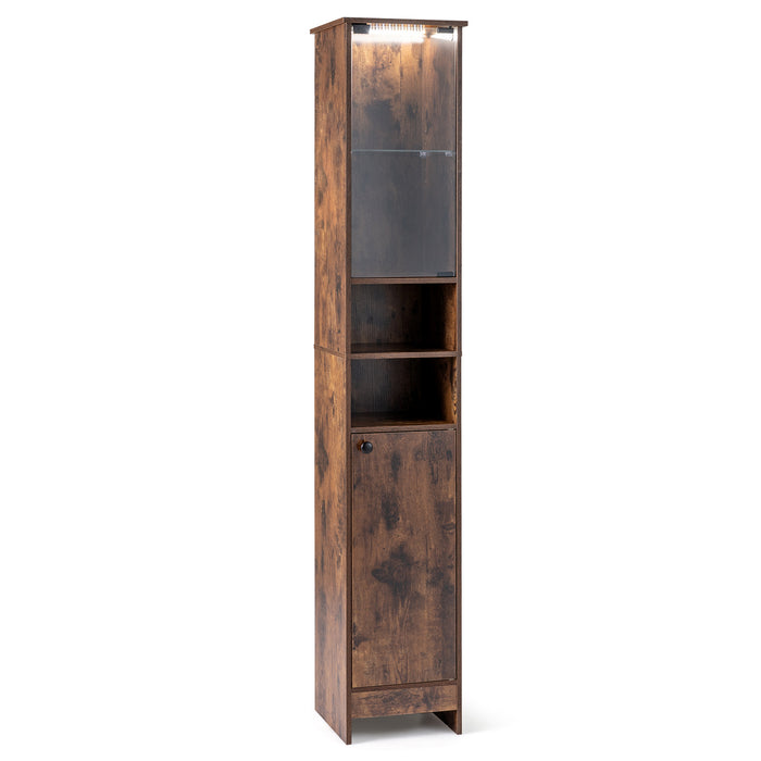 Tall Bathroom Cabinet with Lights Remote Control Open Shelves and Adjustable Shelves-White