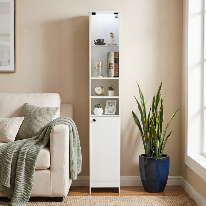 Tall Bathroom Cabinet with Lights Remote Control Open Shelves and Adjustable Shelves-White