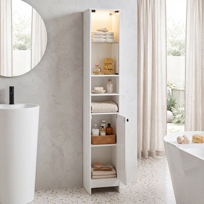 Tall Bathroom Cabinet with Lights Remote Control Open Shelves and Adjustable Shelves-White