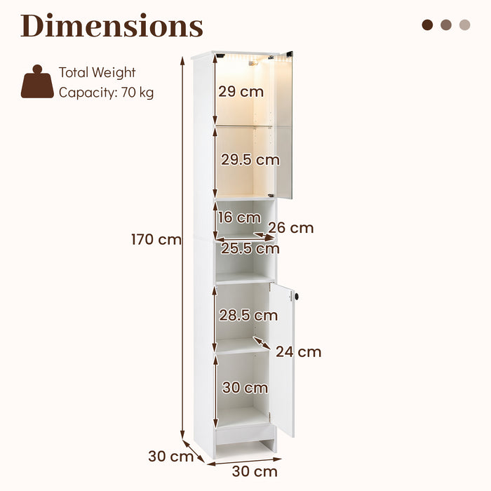 Tall Bathroom Cabinet with Lights Remote Control Open Shelves and Adjustable Shelves-White