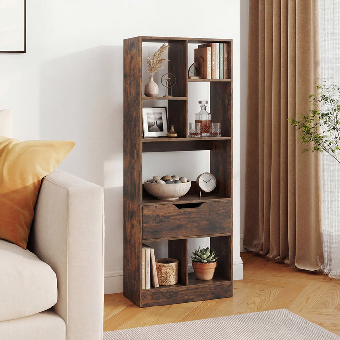 Tall Freestanding Bookshelf with 7 Open Cubes and Anti-toppling Kits for Living Room-