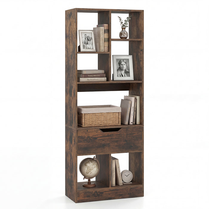 Tall Freestanding Bookshelf with 7 Open Cubes and Anti-toppling Kits for Living Room-