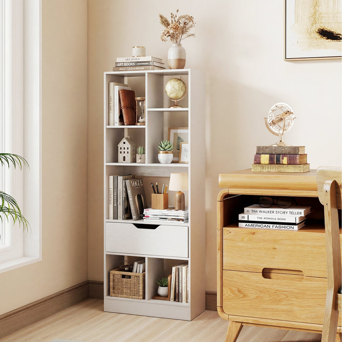 Tall Freestanding Bookshelf with 7 Open Cubes and Anti-toppling Kits for Living Room-