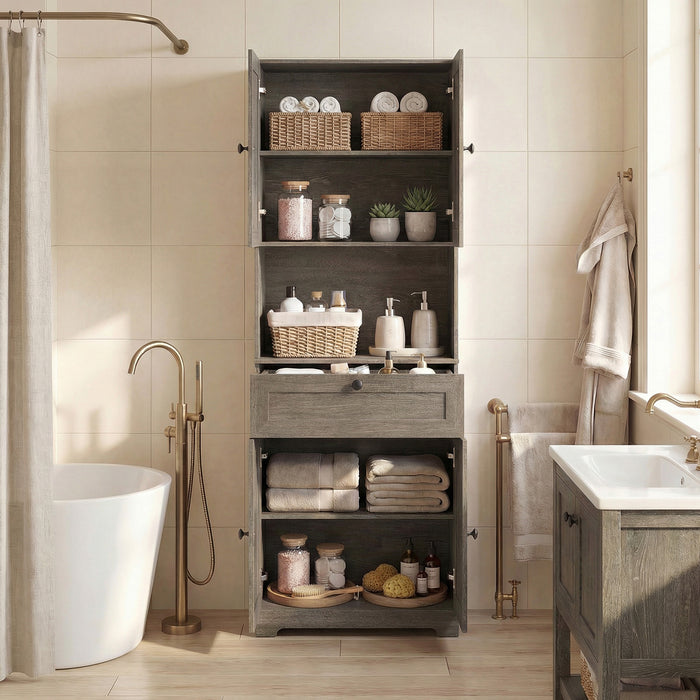 Tall Bathroom Cabinet Freestanding Storage Cabinet with 4 Doors and 1 Drawer-Brown