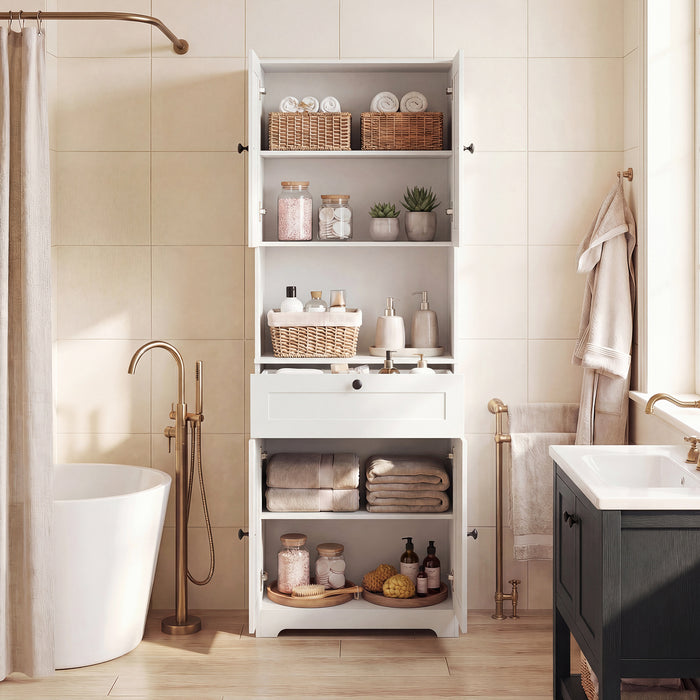 Tall Bathroom Cabinet Freestanding Storage Cabinet with 4 Doors and 1 Drawer-Brown