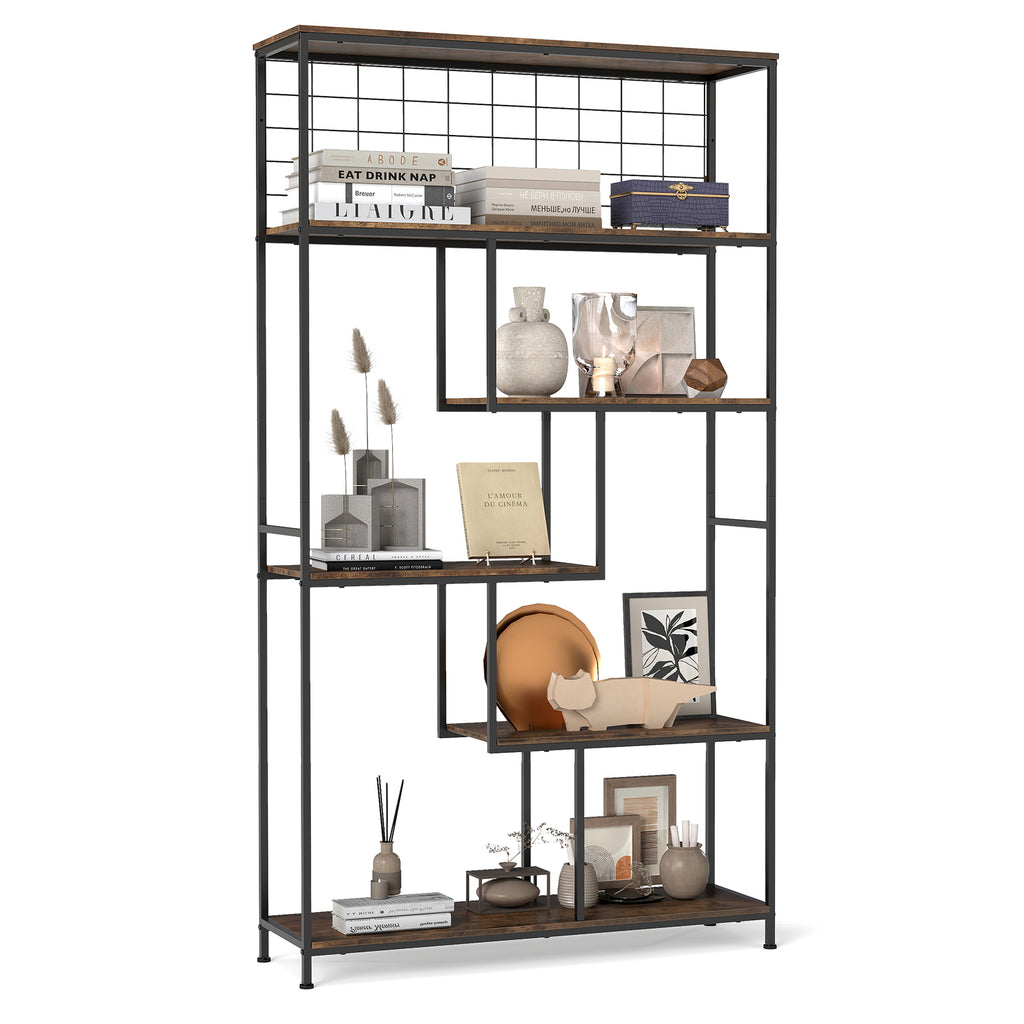 6-tier Tall Bookshelf with Metal Net for Living Room-