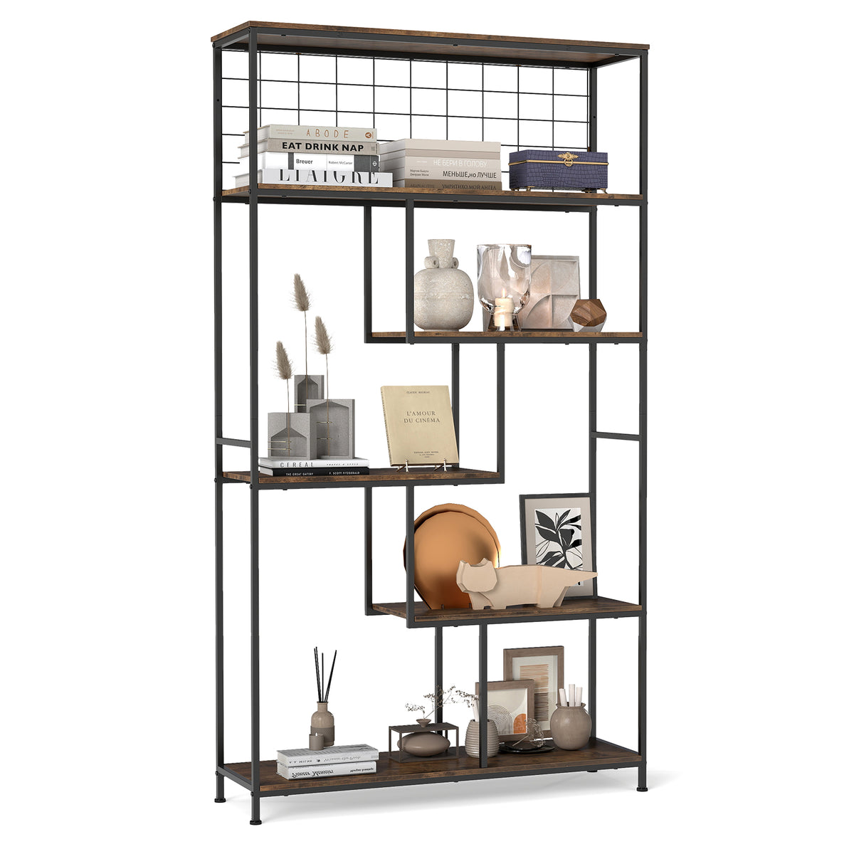 6-tier Tall Bookshelf with Metal Net for Living Room-