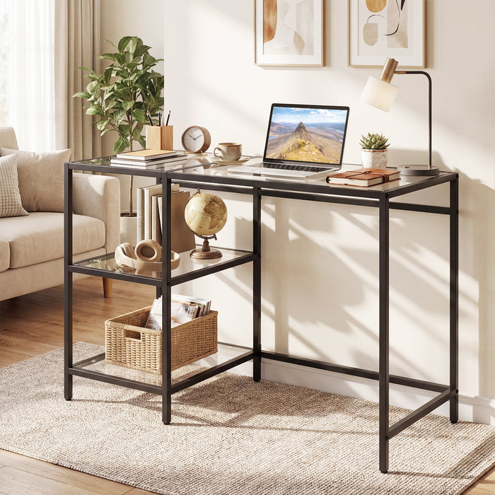 Tempered Glass Computer Desk Modern Office Desk with Open Storage Shelves-