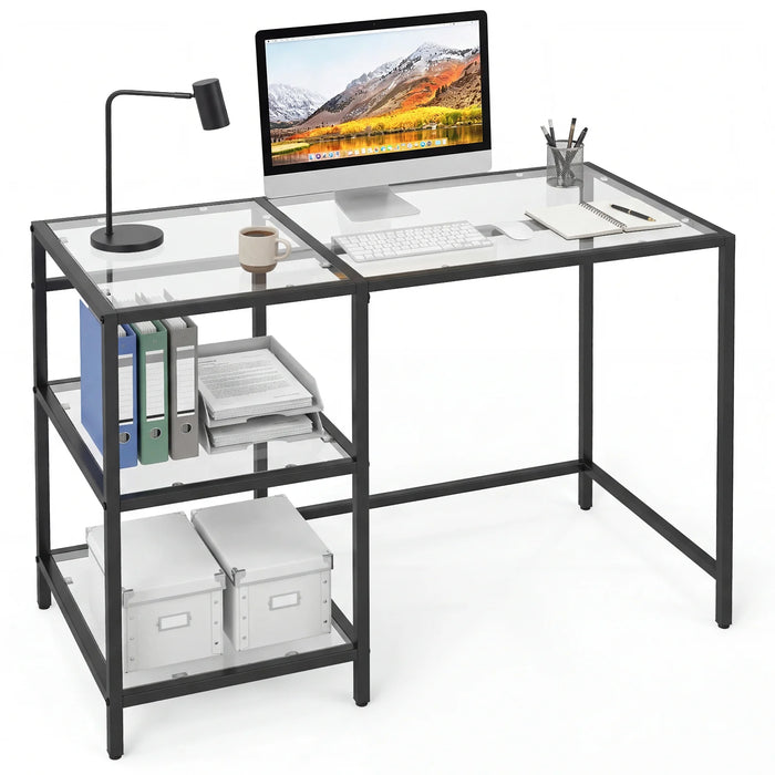 Tempered Glass Computer Desk Modern Office Desk with Open Storage Shelves-