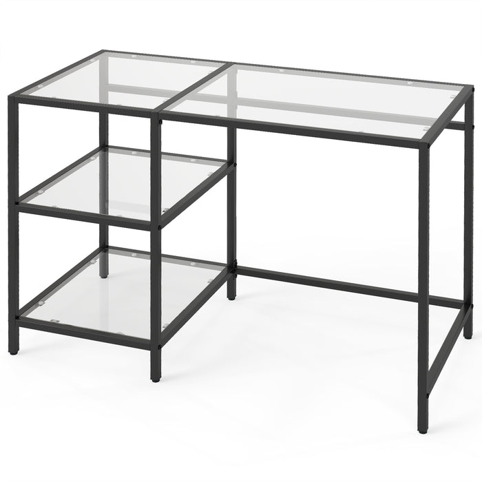 Tempered Glass Computer Desk Modern Office Desk with Open Storage Shelves-