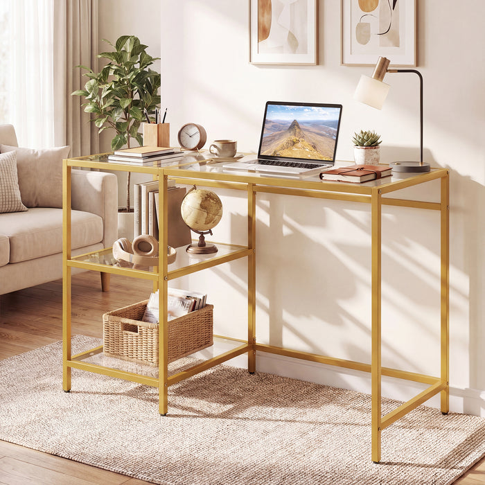 Tempered Glass Computer Desk Modern Office Desk with Open Storage Shelves-