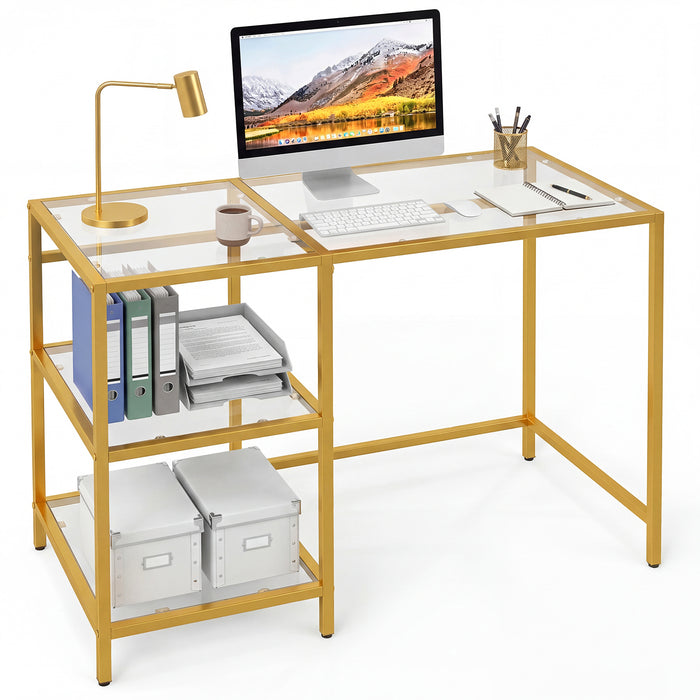 Tempered Glass Computer Desk Modern Office Desk with Open Storage Shelves-