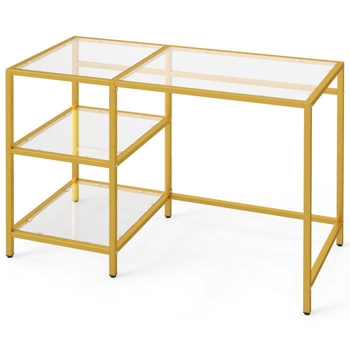 Tempered Glass Computer Desk Modern Office Desk with Open Storage Shelves-