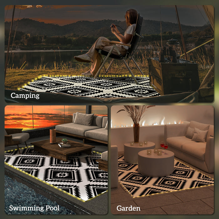 Reversible Black & White RV Camping Rug with LED Lights - Durable 182x274cm Outdoor Mat, Easy-Clean Plastic Straw Material - Perfect for Campers & Outdoor Enthusiasts