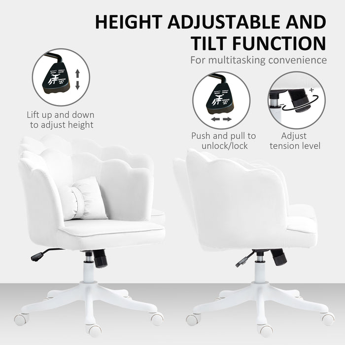 HOMCOM Velvet Office Chair with Petal Shell Back and Lumbar Pillow, Armless Desk Chair with Wide Seat and Tilt Function, Height Adjustable Swivel Makeup Vanity Chair for Bedroom, White