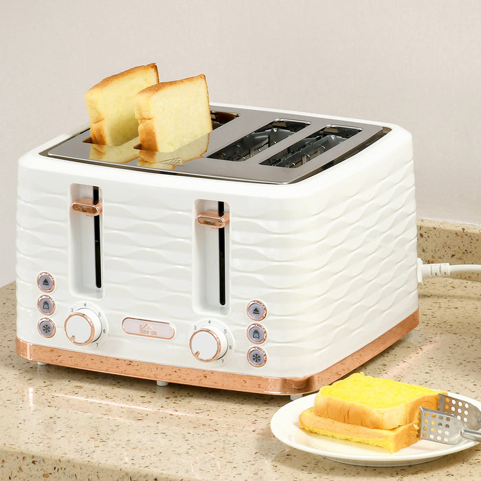 HOMCOM 4 Slice Toaster with 7 Browning Levels, High Lift, Reheat/Defrost/Cancel, Self-centring Function, Removable Crumb Tray, Auto Off, 1600W, Cream White Water Ripple Texture
