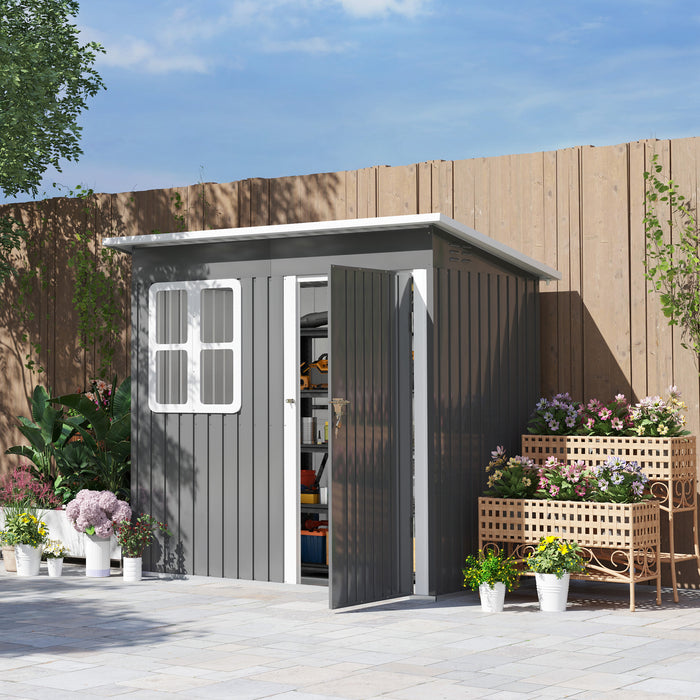 Outsunny 7 x 4ft Storage Shed Galvanised Steel Garden Shed, Metal Shed with Foundation Kit, Window, Lockable Wide Door and Air Vents for Outdoor Patio, Dark Grey