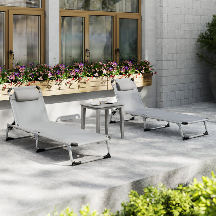Outsunny Foldable Outdoor Sun Lounger Set of 2, Reclining Lounge Chair Camping Bed Cot with Pillow 4-Level Adjustable Back Aluminium Frame, Light Grey