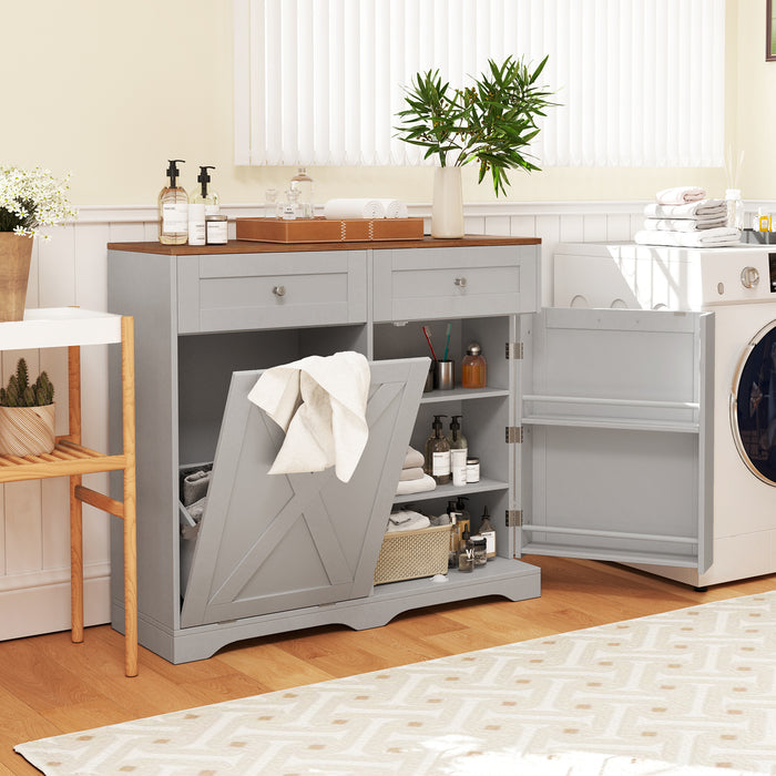 Tilt Out Trash Can Cabinet with Outlets and Adjustable Shelf for Kitchen-