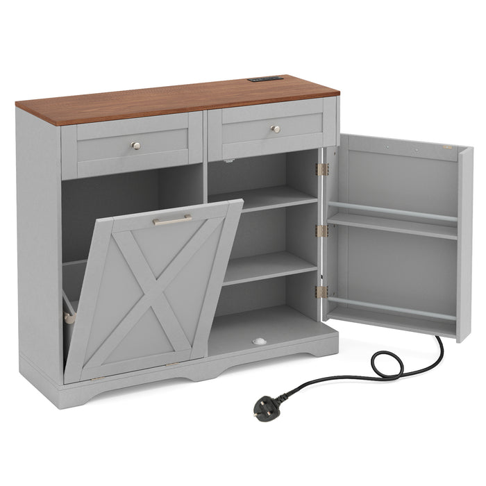 Tilt Out Trash Can Cabinet with Outlets and Adjustable Shelf for Kitchen-