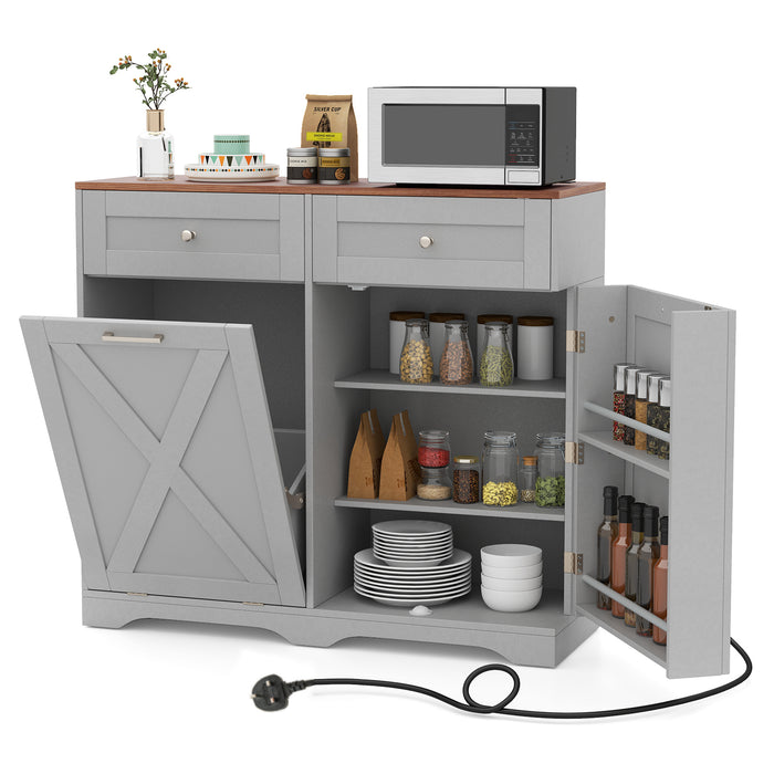 Tilt Out Trash Can Cabinet with Outlets and Adjustable Shelf for Kitchen-