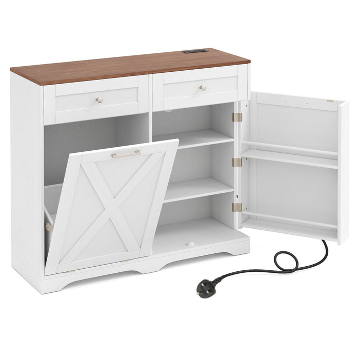 Tilt Out Trash Can Cabinet with Outlets and Adjustable Shelf for Kitchen-