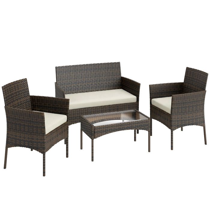 Outsunny 4 Piece Rattan Garden Furniture Sofa Set with Loveseat, Armchairs, Glass-Top Coffee Table and Cushions, Brown