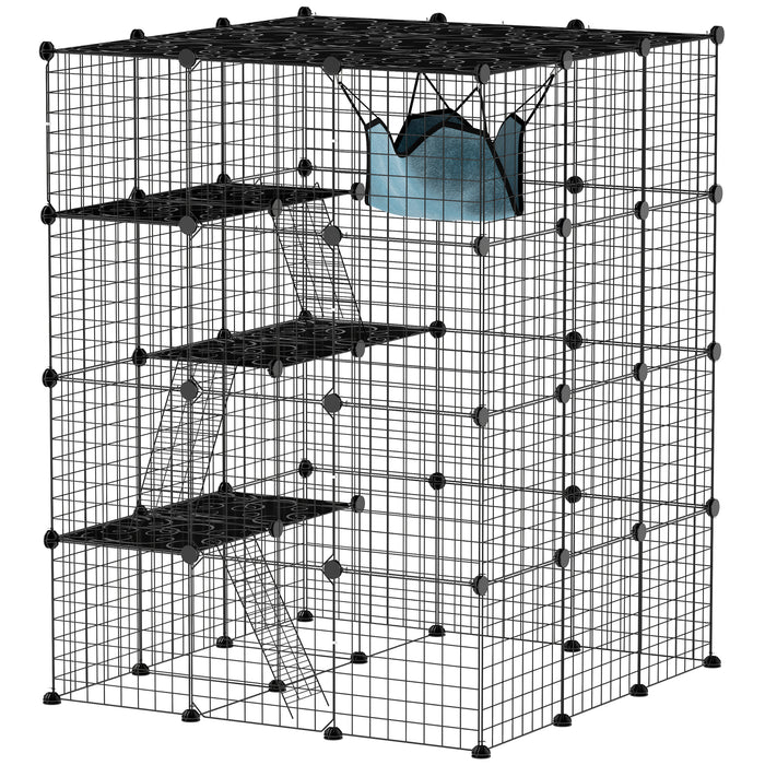 PawHut Steel Wire Cat Cage Indoor with Hammock, Ramps, Doors, DIY Cat Enclosure for 1-3 Cats, Black